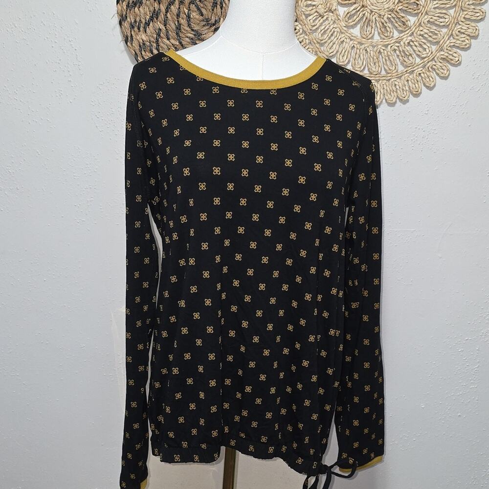 Yest Black and Gold Graphic All Over Patterned Long Sleeve Top Gathered Womens 6